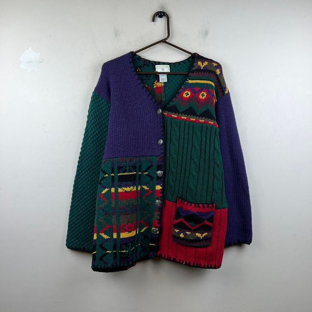 Vintage 90s Susan Bristol Multicoloured Patchwork Cardigan Size L